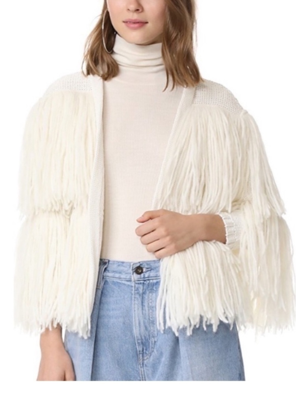 Rachel Antonoff Cream Fringe Knit Pima Cotton Alpaca Open Cropped Sweater M
